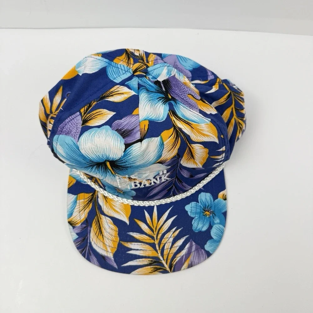Vintage Key Bank Hat Cap Adjustable SnapBack Trucker Rope Keybank Floral Flower